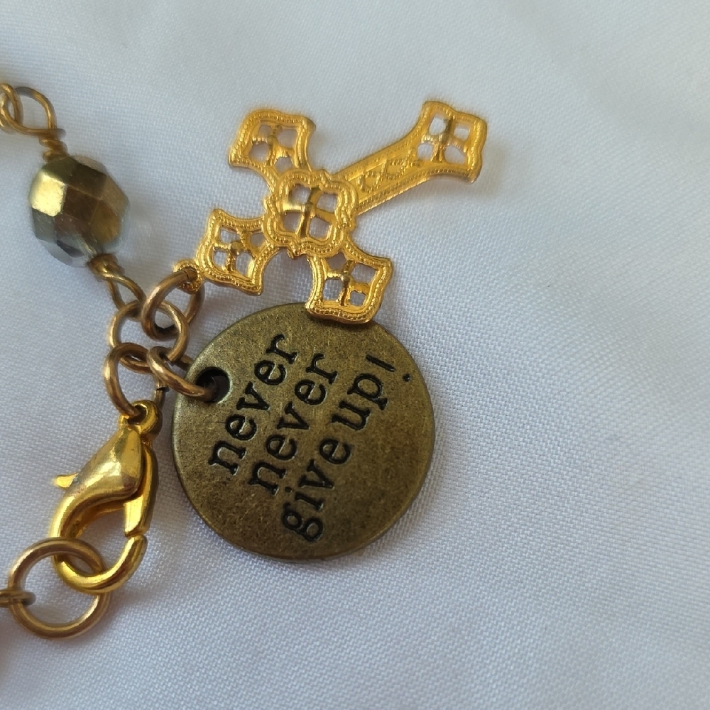 Gold Beaded Feminine Dainty Bracelet with Inspirational Charm - Picture 2 of 3